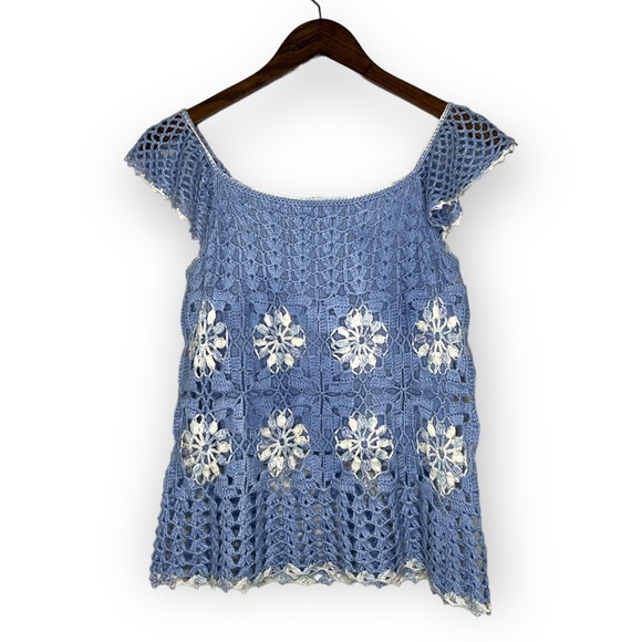 *SOLD* Vintage Size Small Blue and White Crochet Babydoll Tank - Picture 2 of 5